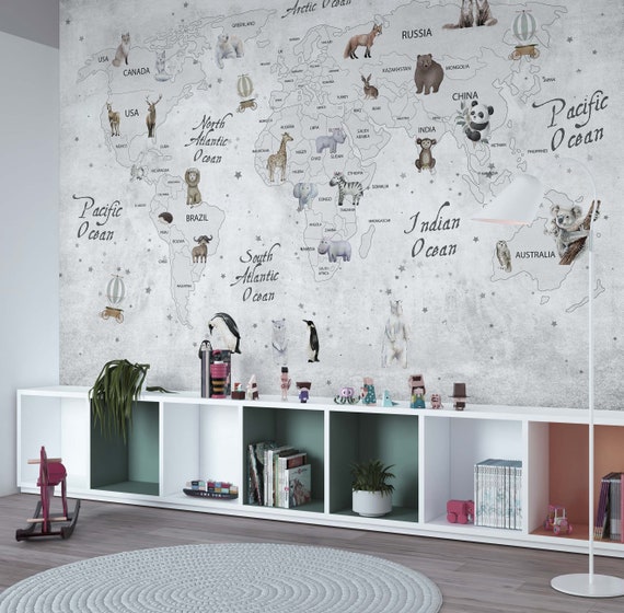 Watercolor Animals World Map Nursery Wall Mural, Whimsical Peel and Stick