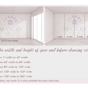 Puede incluir: Imagen que muestra opciones de tama&ntilde;o para arte mural. La imagen muestra una habitaci&oacute;n con dimensiones de 300 cm de altura y 400 cm de ancho. El texto proporciona detalles de tama&ntilde;o para rollos de arte mural, de 2.5 cm a 508 cm de ancho.