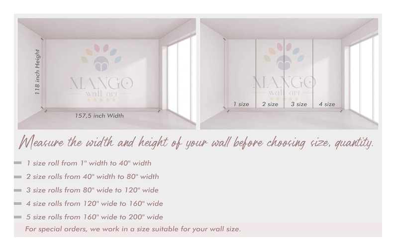 Puede incluir: Imagen que muestra opciones de tama&ntilde;o para arte mural. La imagen muestra una habitaci&oacute;n con dimensiones de 300 cm de altura y 400 cm de ancho. El texto proporciona detalles de tama&ntilde;o para rollos de arte mural, de 2.5 cm a 508 cm de ancho.