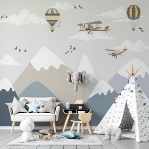 Carta da parati per bambini Hot Ballon Carta da parati per aereo da scuola materna Carta da parati per bambini, montagne per bambini, dimensioni personalizzate