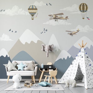 Kids Hot Ballon Wallpaper Nursery Air plane Wallpaper Baby wall art child mountains wallpaper art  custom size