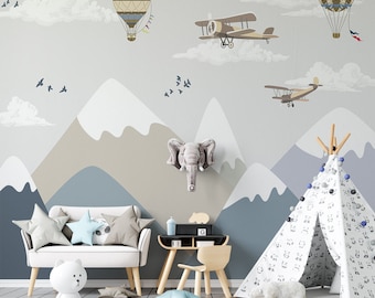 Kids Hot Ballon Wallpaper Nursery Air plane Wallpaper Baby wall art child mountains wallpaper art  custom size