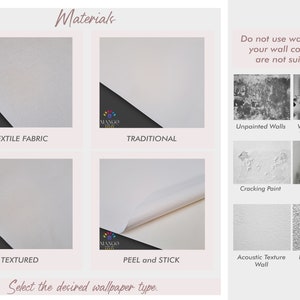 Puede incluir: Imagen que muestra opciones de materiales de papel tapiz: Textile Fabric, Traditional, Textured y Peel and Stick. El texto "Materials" est&aacute; en la parte superior. La imagen tambi&eacute;n muestra ejemplos de condiciones de pared inadecuadas.