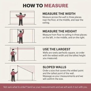 May include: An instructional infographic titled HOW TO MEASURE with four sections. It illustrates measuring wall width and height in three places, using the largest dimensions, and handling sloped walls, with text instructions for each step.