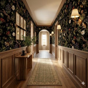 May include: A hallway with dark floral wallpaper, wooden paneling, and a light green rug. The walls feature framed botanical prints and sconce lighting. A wooden console table holds a vase with greenery.