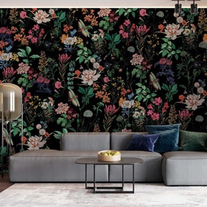 Botanische Tapete, Botanische Wandkunst, Bunte Blumen, Pflanzen und Blätter, Botanische Garten Wanddeko