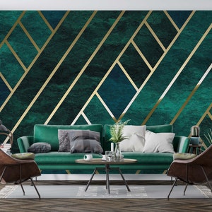 Gold Geometric Pattern Wallpaper-Living Room Marble Wall Art-Geometric Wall Mural-Gold Line Effect-Geometric Wall decor- Peel and Stick