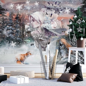 Forest wallpaper-deer and forest wall art-Watercolor wall art-Forest animals wall decor-Home wall art-Home wall design-Custom size