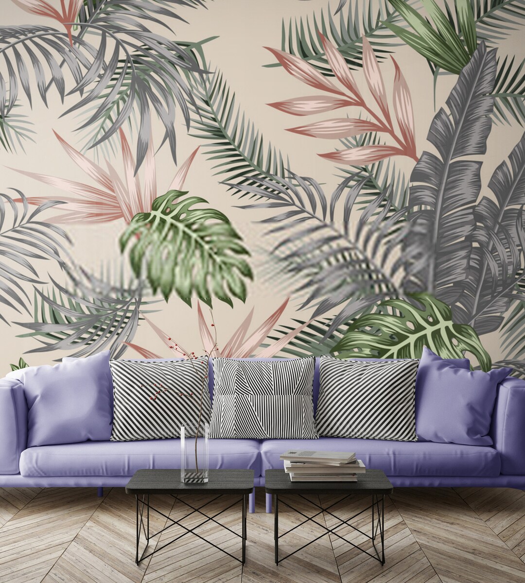 Tropical Wallpaper Green Leaves Wall Mural Peel and Stick Living Room ...