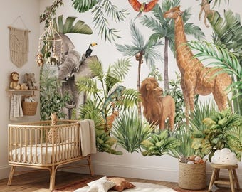 Safari kinderkamer behang Peel and Stick, jungle dieren aquarel muurmuurschildering, olifant giraf leeuw kinderkamer, tropische babyjongen