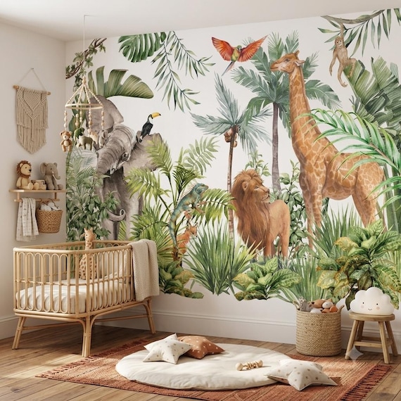 Watercolor Jungle Animals Peel & Stick Wallpaper, Safari Nursery Wall Mural