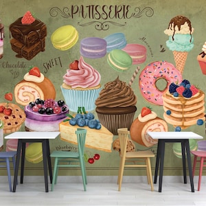 Cafe Tapete -Esszimmer Tapete-Küche Wand Dekor-Cafe Wand Kunst-benutzerdefinierte Größe-Kuchen Raum Wand Wandbild-Bäckerei Wand Dekor-Eis