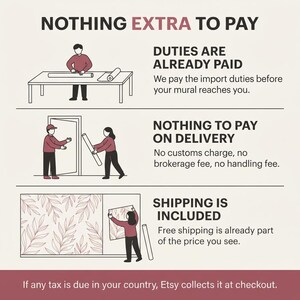 May include: An informational graphic with the heading NOTHING EXTRA TO PAY. It features three illustrations showing a person rolling a mural, a delivery, and a person applying wallpaper with a leaf pattern. Text explains duties, delivery, and shipping.