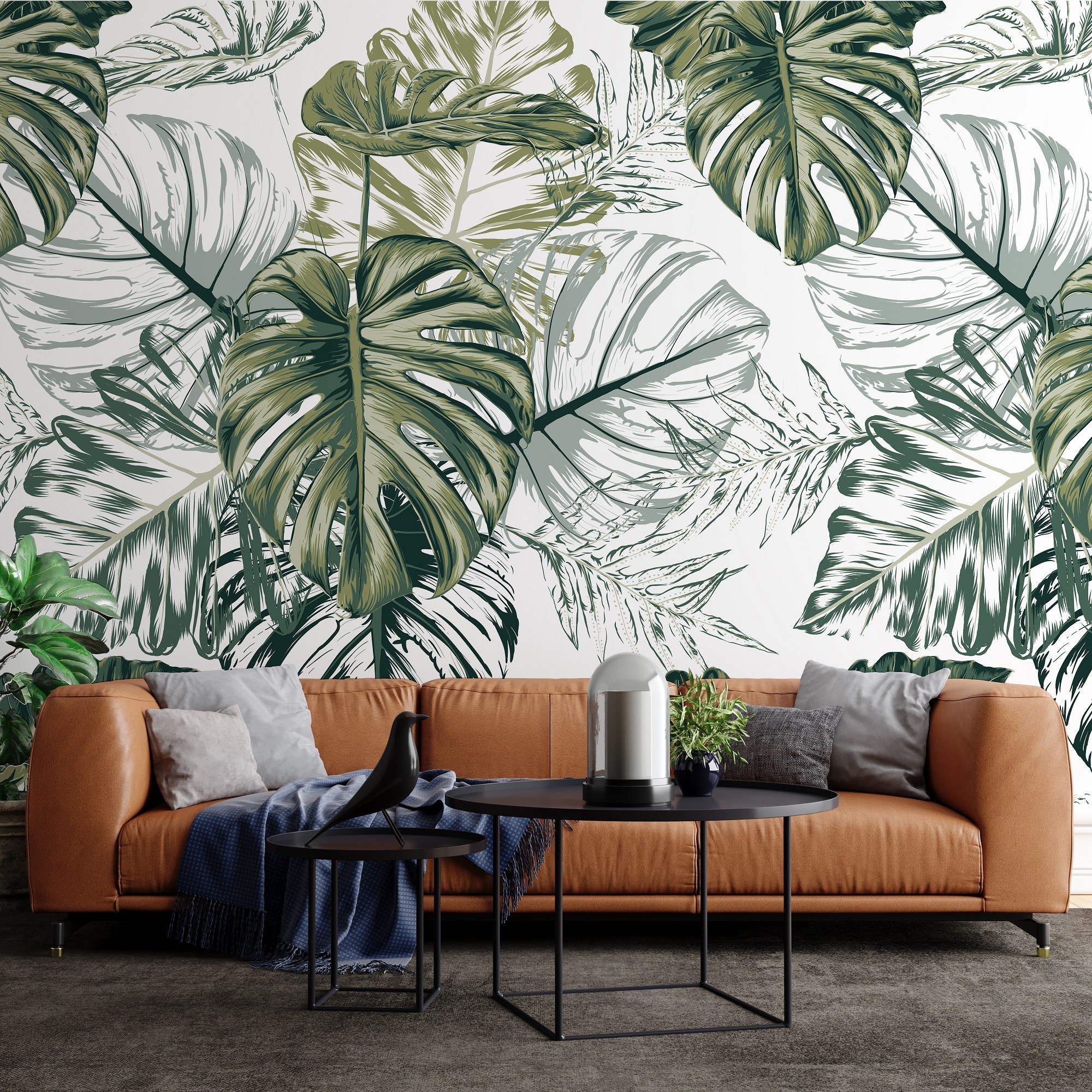 Tropical Green Leaves Wallpaper Mural: Peel and Stick Wall Art - Etsy
