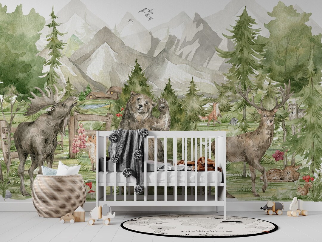 Woodland Animals Wallpaper Mural - Watercolor Forest Nursery Decor - Etsy