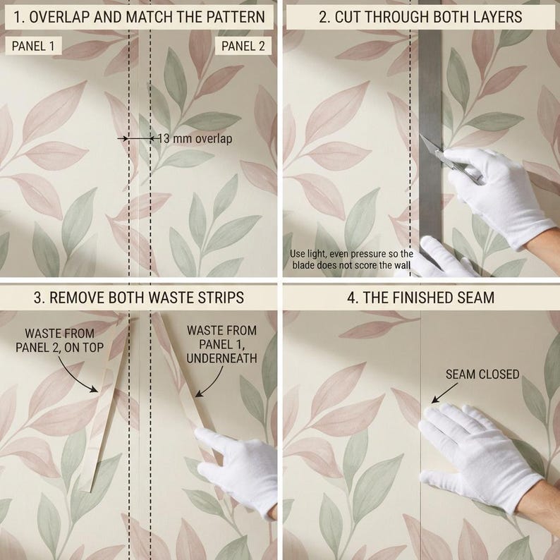 May include: A four-step instructional guide for wallpaper installation featuring a cream background with a pink and green leaf pattern. The steps show overlapping panels with a 13 mm overlap, cutting through both layers, removing waste strips, and a finished seam.