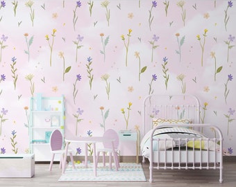 Roze wilde bloemenbehang: Peel-and-Stick bloemenmuurschildering