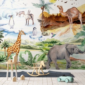 Jungle Safari Wallpaper Nursery Wall Mural Childroom Animals Wallpaper Forest Animals Kids Wall decor Custum Size Wallpaper