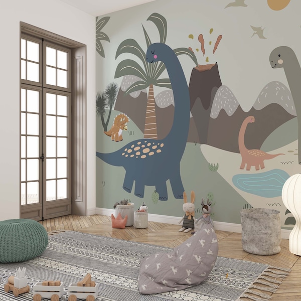 Dinosaur Wallpaper-Kids Wallpaper- Peel and Stick-Jurrasic Wall Mural -Kids Self Adhesive -Nursery Wall Mural-Child Room-Dinosaur Wall Mural