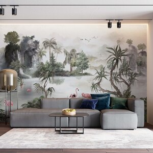 Tropical wallpaper-Banana leaves-River themed wall art-Waterfall - River-Banana leaves-Wall decor-Traditional wallpaper-Peel and stick