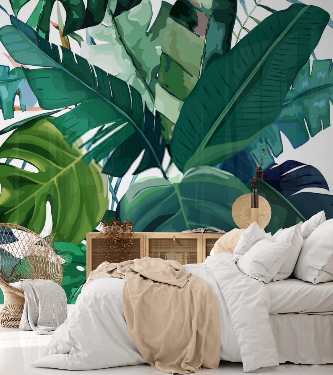 Tropical Green Leaves Wallpaper Mural - Peel and Stick Wall Art - Etsy