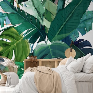 Tropical Wallpaper  Green Leaves Wall Mural Peel and Stick Living Room Bedroom Decor Trendy Wall Art Design Custom Size