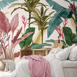 Colorful banana leaves Wallpaper-Living room wall decor- Floral wall art-Tropical leaves wall Mural-Peel and Stick- Removable-custom size