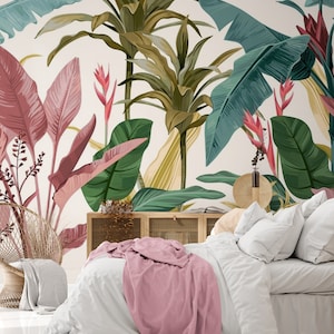 Carta da parati con foglie di banano colorate - Decorazione da parete per soggiorno - Arte da parete floreale - Murale con foglie tropicali - Stacca e attacca - Rimovibile - Dimensioni personalizzate