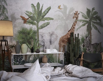 Mural de papel tapiz de safari con acuarela: animales de la jungla, guardería bohemia