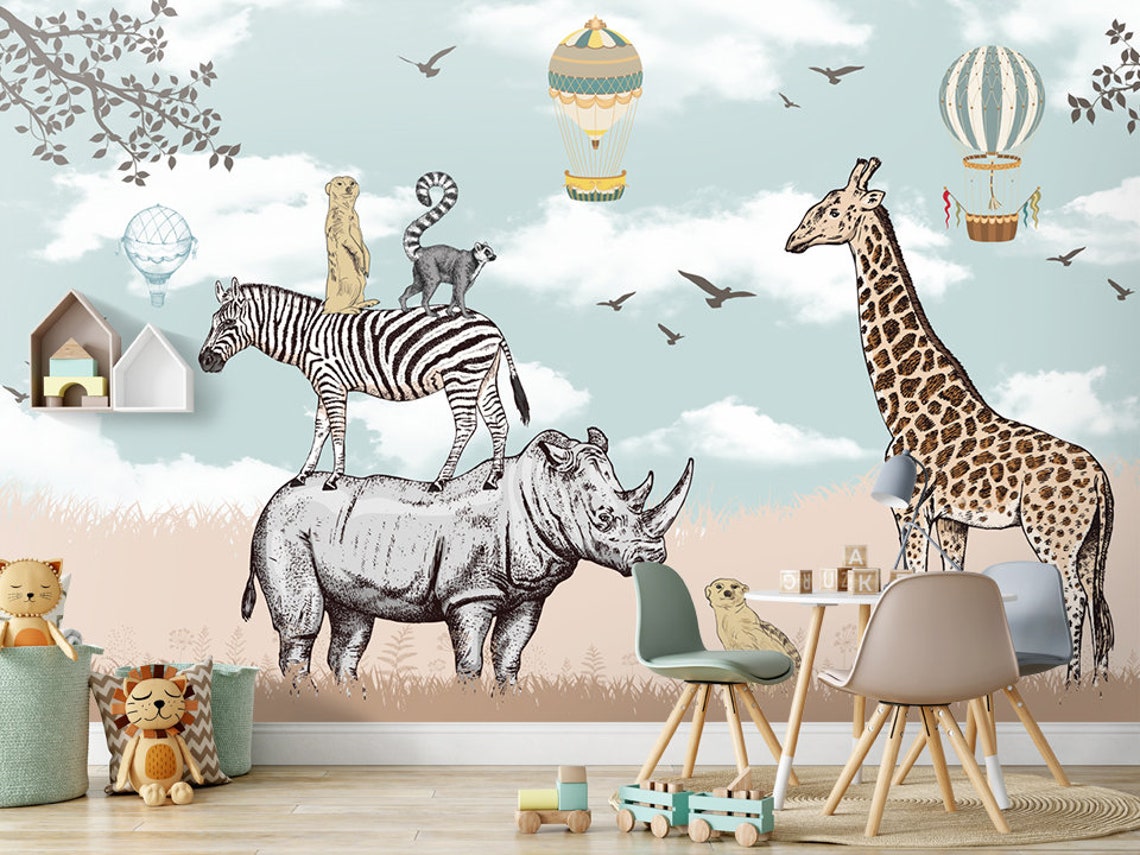Nursery Safari Animals Wallpaper Kids Hot Balloon Wallpaper - Etsy