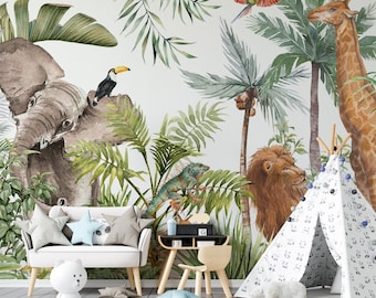 Kids Safari-Jungle Animals Wallpaper-Nursery Tropical Animals Wallpaper- Baby wall art -Child- Jungle- Animals wall Mural -art -custom size