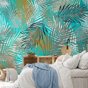 Tropical Wallpaper  Blue Leaves Wall Mural Peel and Stick Living Room Bedroom Decor Trendy Wall Art Design  Clourful Leaves Custom Size