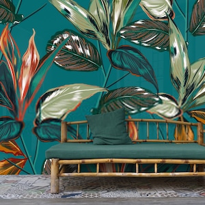 Tropical Wallpaper-Colorful Leaves Mural-Peel and Stıck wallpaper-Living Room wall art-Room Decor - Trendy Wall Art Design- Custom Size