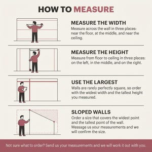 May include: An instructional infographic titled HOW TO MEASURE with four sections. It illustrates measuring wall width and height in three places, using the largest dimensions, and handling sloped walls, with text instructions for each step.