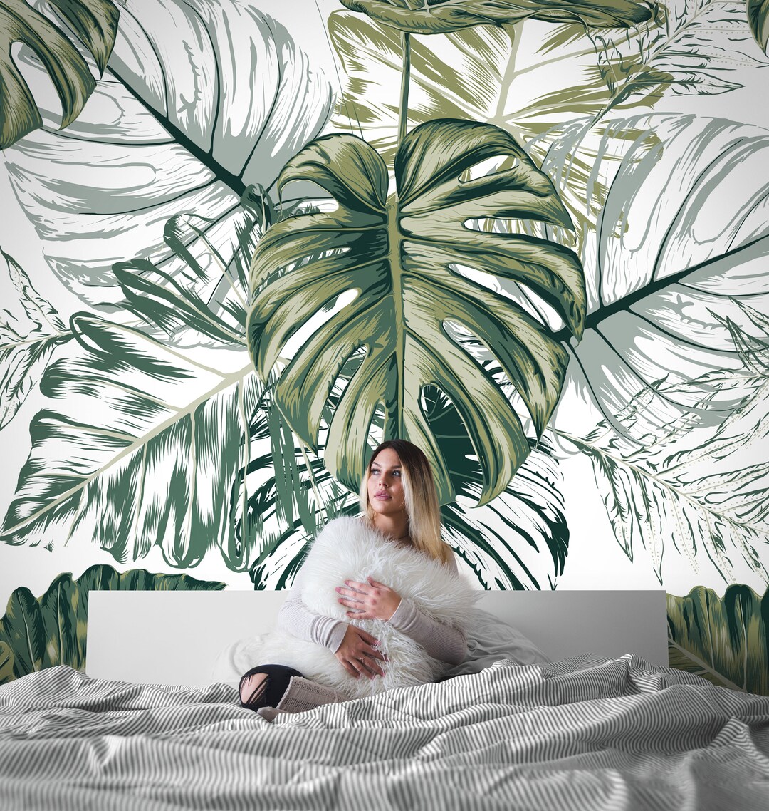 Buy Tropical Green Leaves Wallpaper Mural: Peel and Stick Wall Art ...
