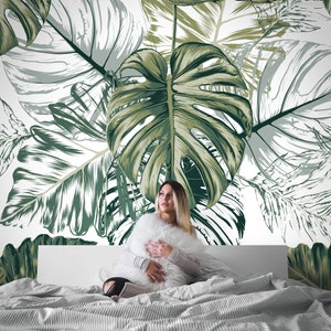 Tropical Wallpaper  Green Leaves Wall Mural Peel and Stick Living Room Bedroom Decor Trendy Wall Art Design Custom Size