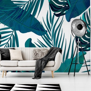 Carta da parati tropicale, Decorazione murale con foglie blu, Stacca e incolla, Soggiorno, Decorazione della camera da letto, Design artistico da parete alla moda, Foglie colorate, Carta da parati a foglia grande