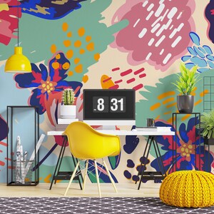 Colorful watercolor flowers Wallpaper Dining room  Wallpaper Living room wall decor bedroom wall art Tropical watercolor flowers wallpaper