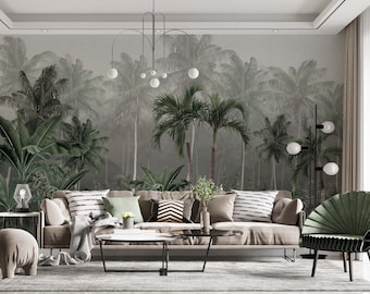 Mural de pared de palmeras tropicales - Selva brumosa, fácil de despegar y pegar