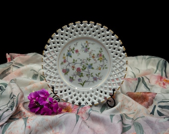 Pretty Porcelain Floral Reticulated Cake Plate and Matching Pedestal Cake Stand