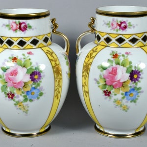 Antique Hand Painted Pair of Nippon Small Urn Vases