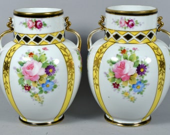 Antique Hand Painted Pair of Nippon Small Urn Vases