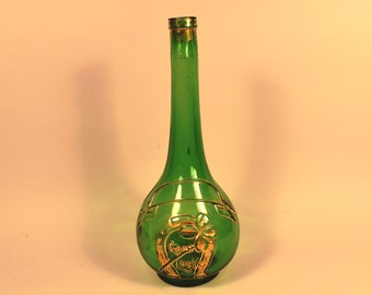 Antique Barber Bottle Green Glass Gold Trim Embossed Good Luck Motif