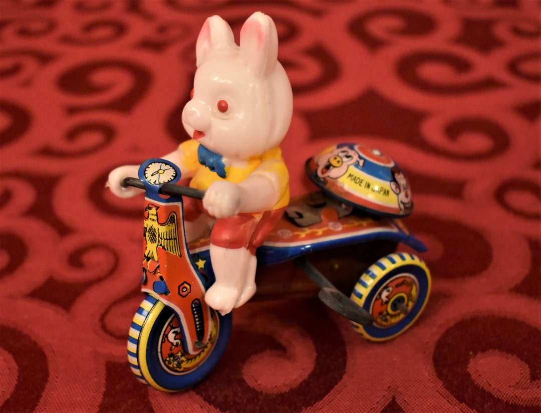 Vintage Tin and Celluloid Wind up Toy Rabbit Riding Bike, Ca. 1950 Etsy