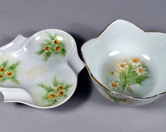 Hand Painted Porcelain Decorative Daisy Motif Bowl and Ashtray