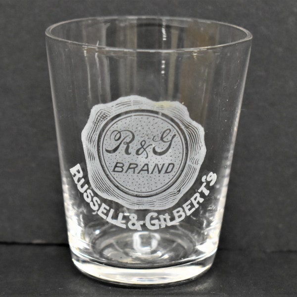 Pre-Prohibition Antique Advertising Etched Label Shot Glass for Russell & Gilbert's