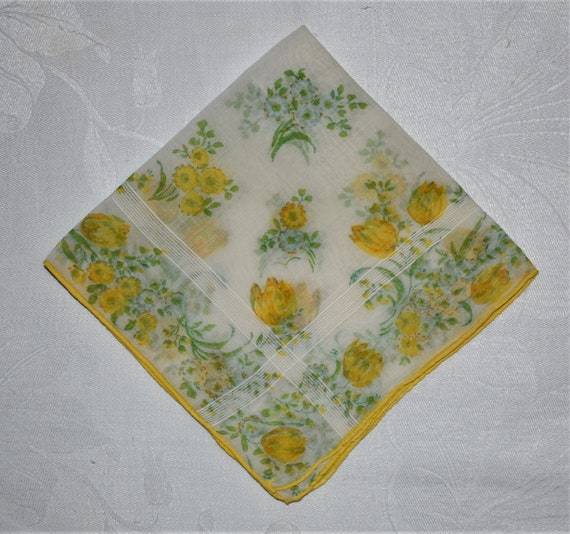 Vintage Blue Tulip and Yellow Leaf Handkerchief