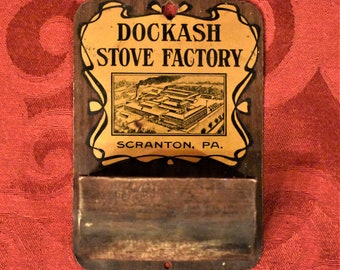 Antique Advertising Tin Lithograph Match Holder for Dockash Stove Factory
