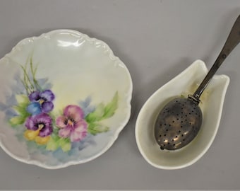 Vintage Hand Painted Porcelain Trinket Tray-Spoon Rest and Silver Plated Oneida Tea Spoon