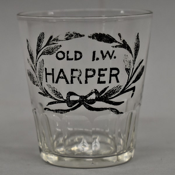 Pre-Prohibition Antique Advertising Enamel Label Shot Glass for Old I.W. Harper Whiskey